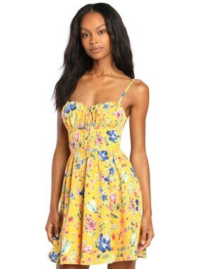 Lulus Dainty Days Yellow Floral Mini Dress Backless Tie Straps Fit Flare Derby